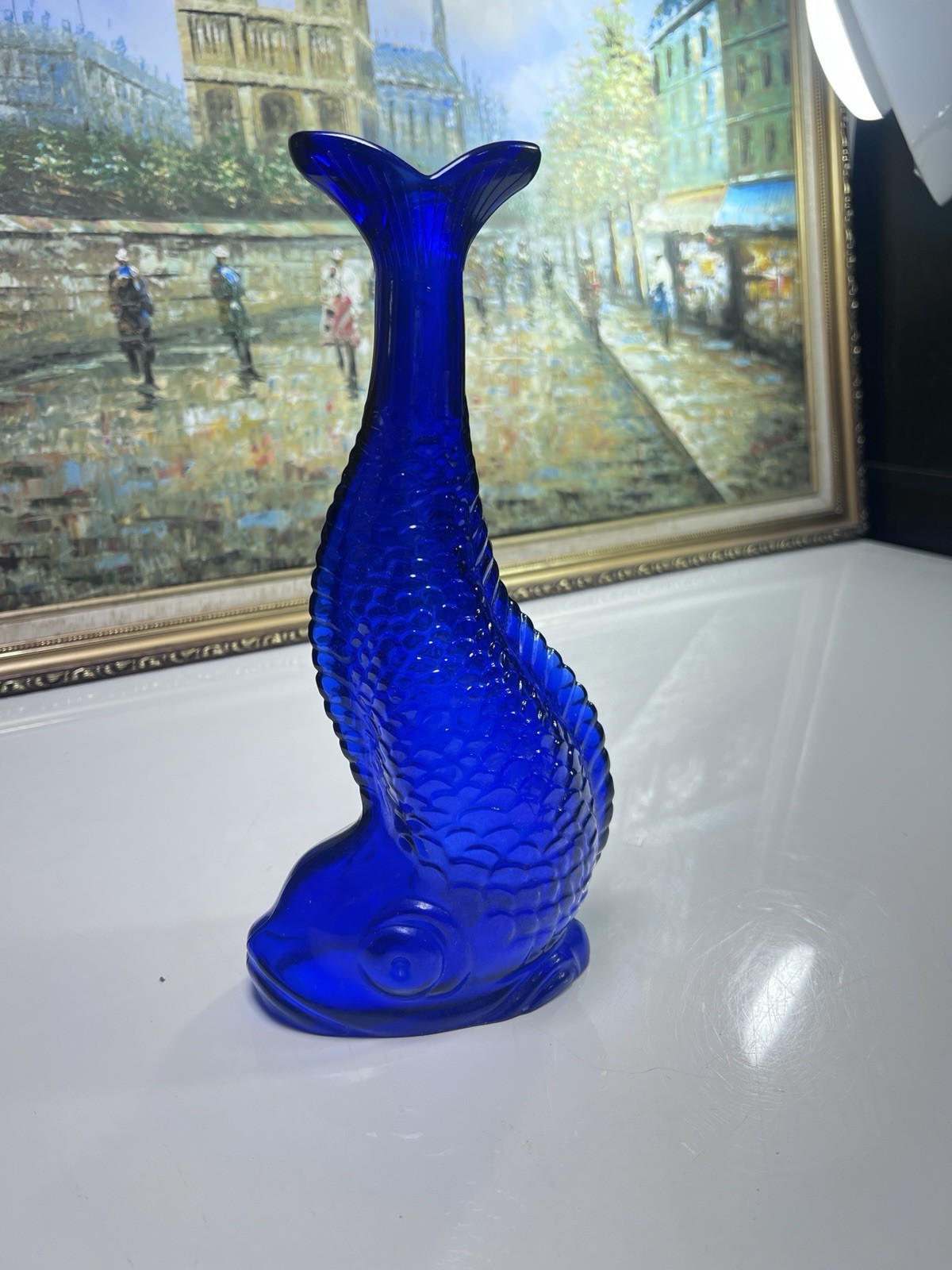 vintage cobalt blue pressed glass decanter shaped like a fish