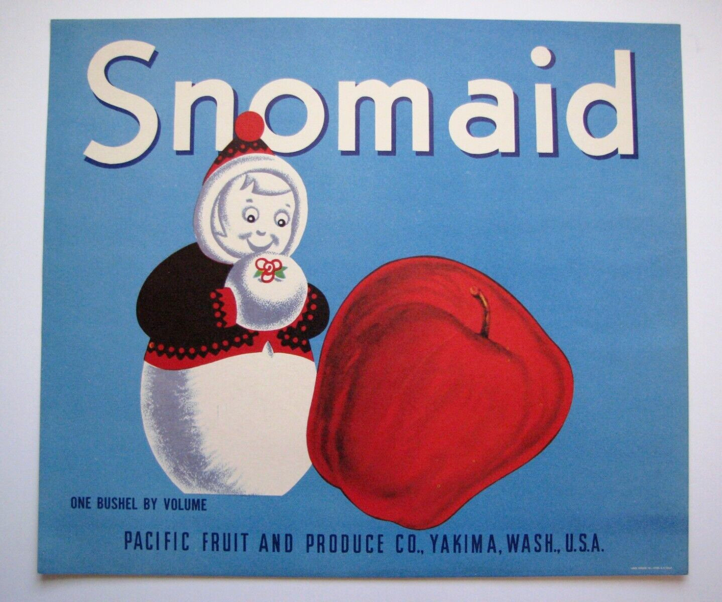 Original SNOMAID apple crate label Yakima WA Pacific Fruit & Produce matte