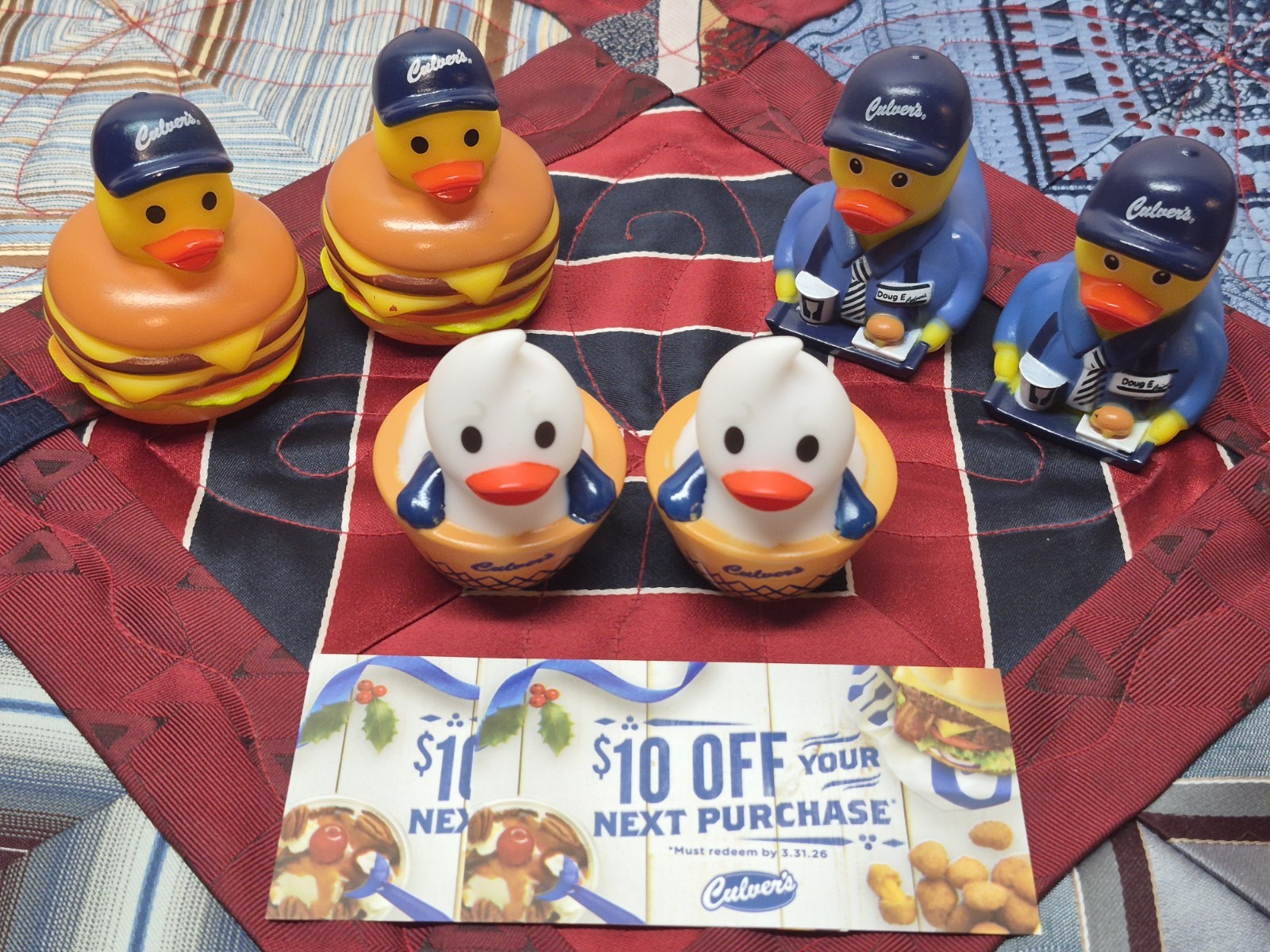 Culvers Rubber Duck Set Lot Of 2 ButterBurger Custard Doug E + 2 $10 Off Cards