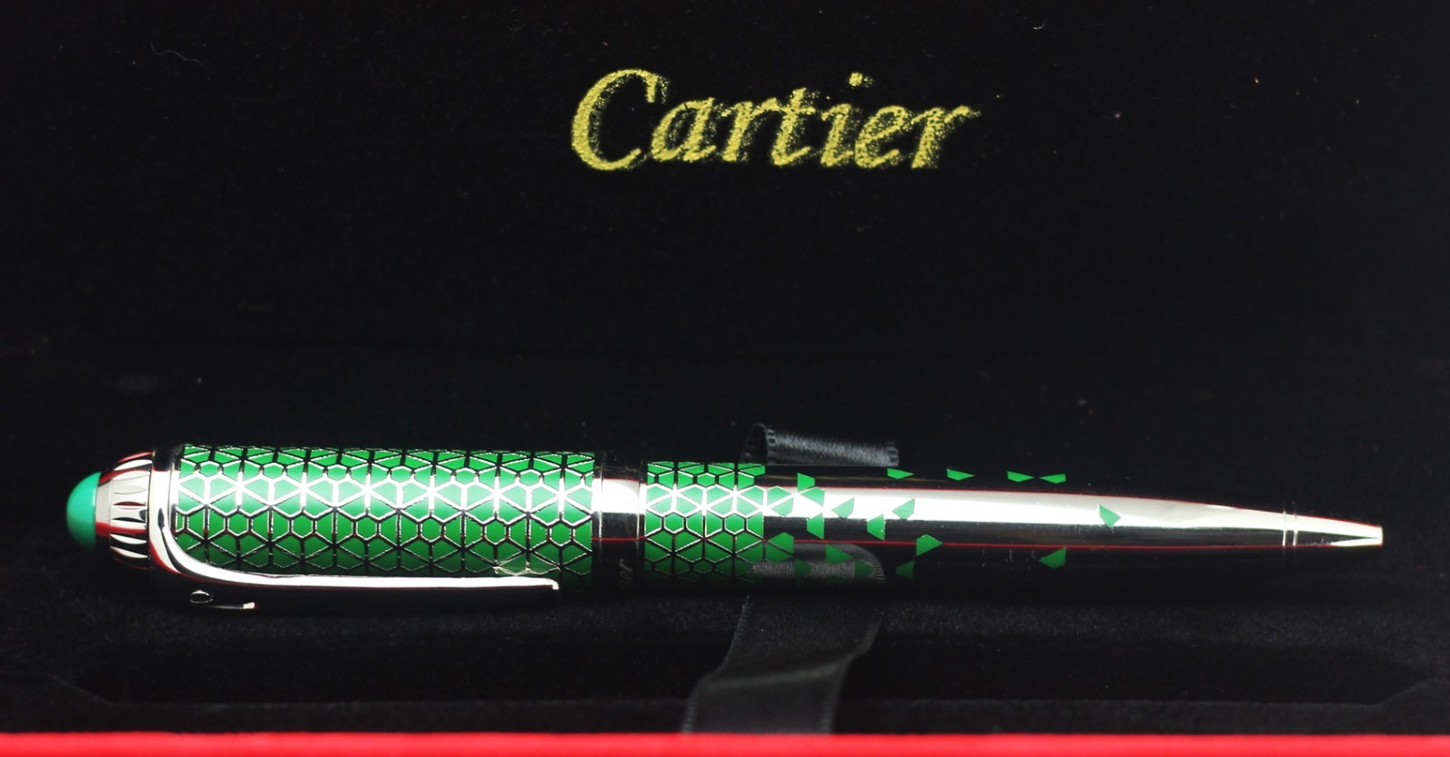 Cartier Ballpoint Blue Ink Classic Design Pen With Box And Green + Silver Body.