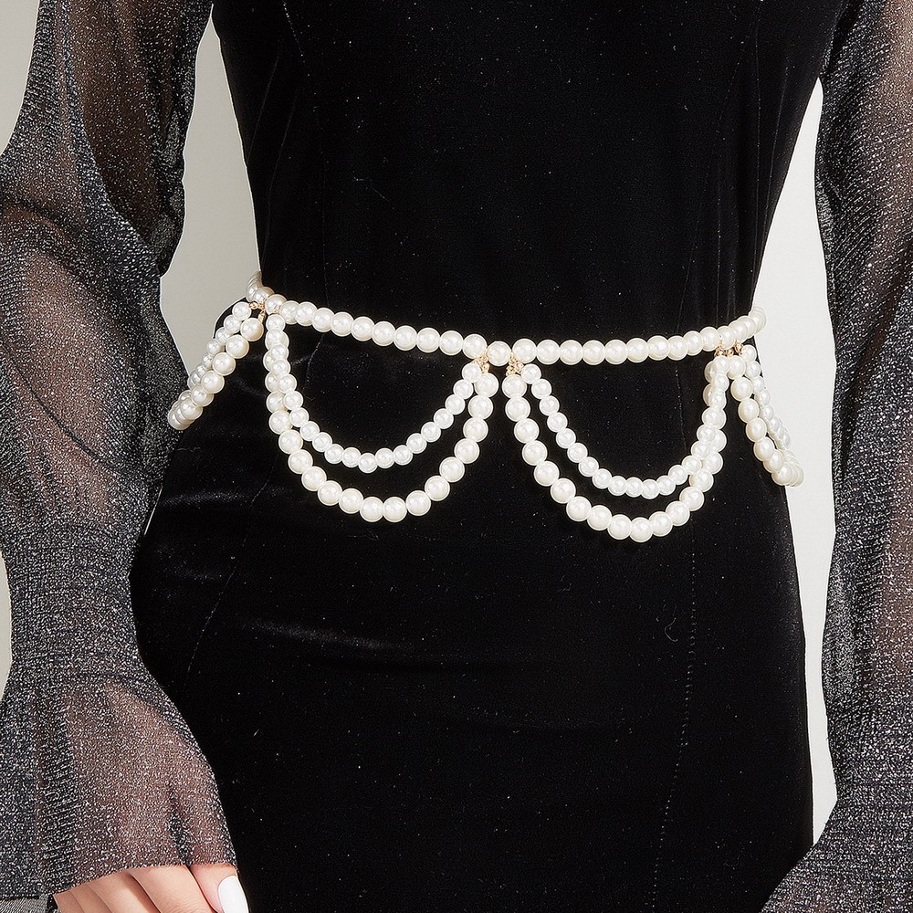 Women Waist chain Double-layer tassel Pearl Metal Show Club Body chain MWW32031