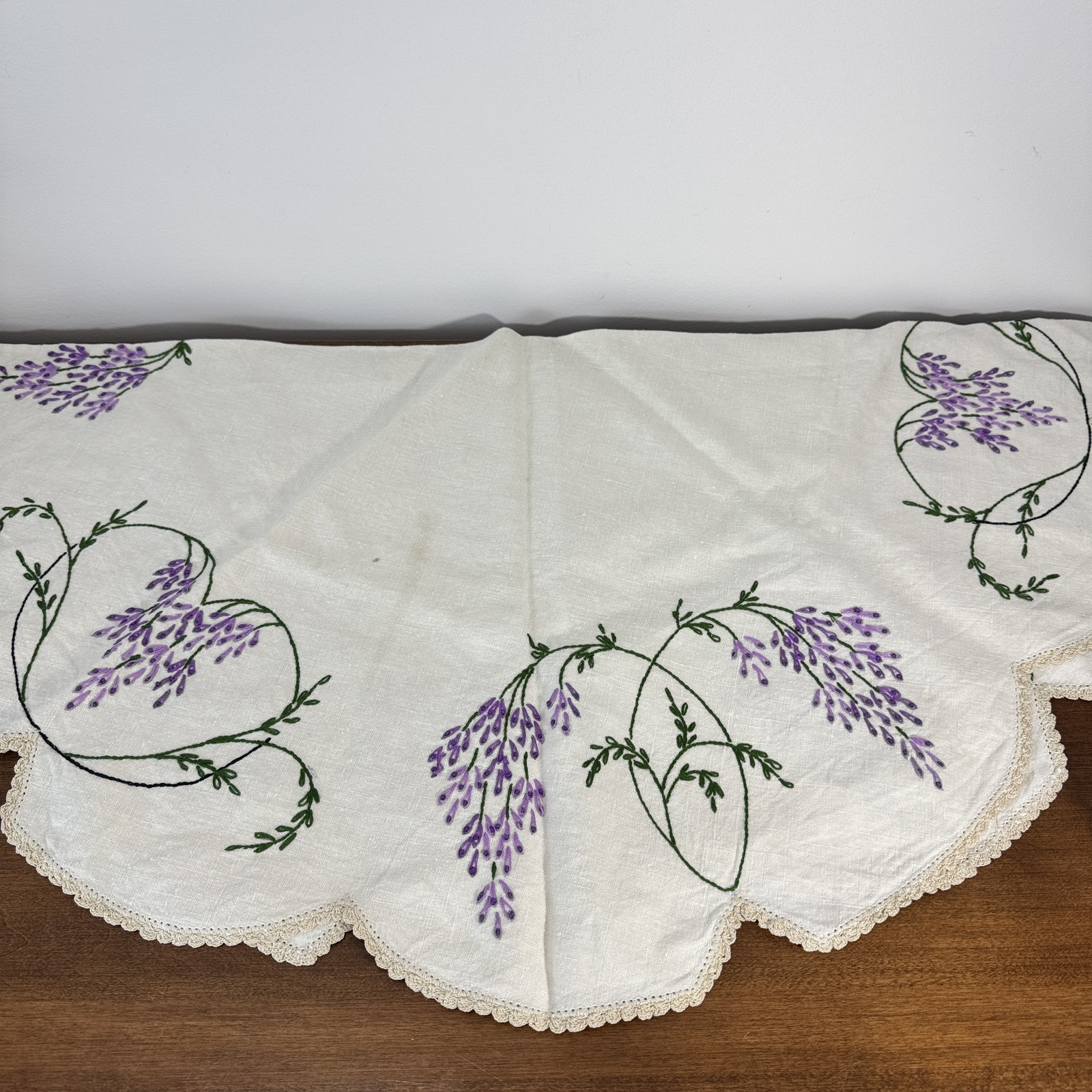 Vintage Hand Embroidered Lavender Floral Tablecloth Scalloped Edge Lace Trim 32"