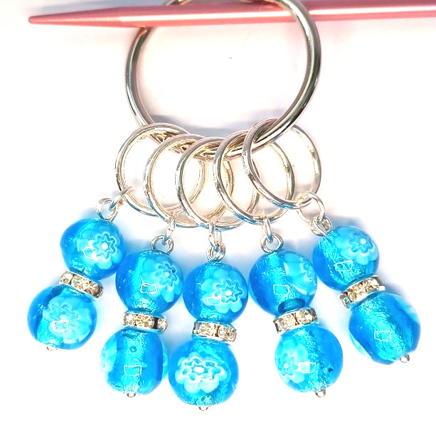 MikieLou Stitch Markers Sky Blue Millifiori Flower Glass Rhinestones Knitting