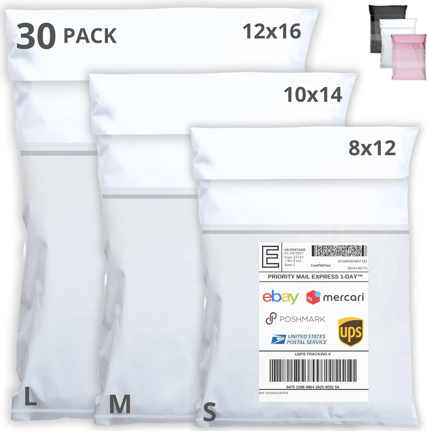 Shipping Bags (30 Pack) with Label Pouch - 8X12, 10X14 & 12X16 - Poly Mailers fo