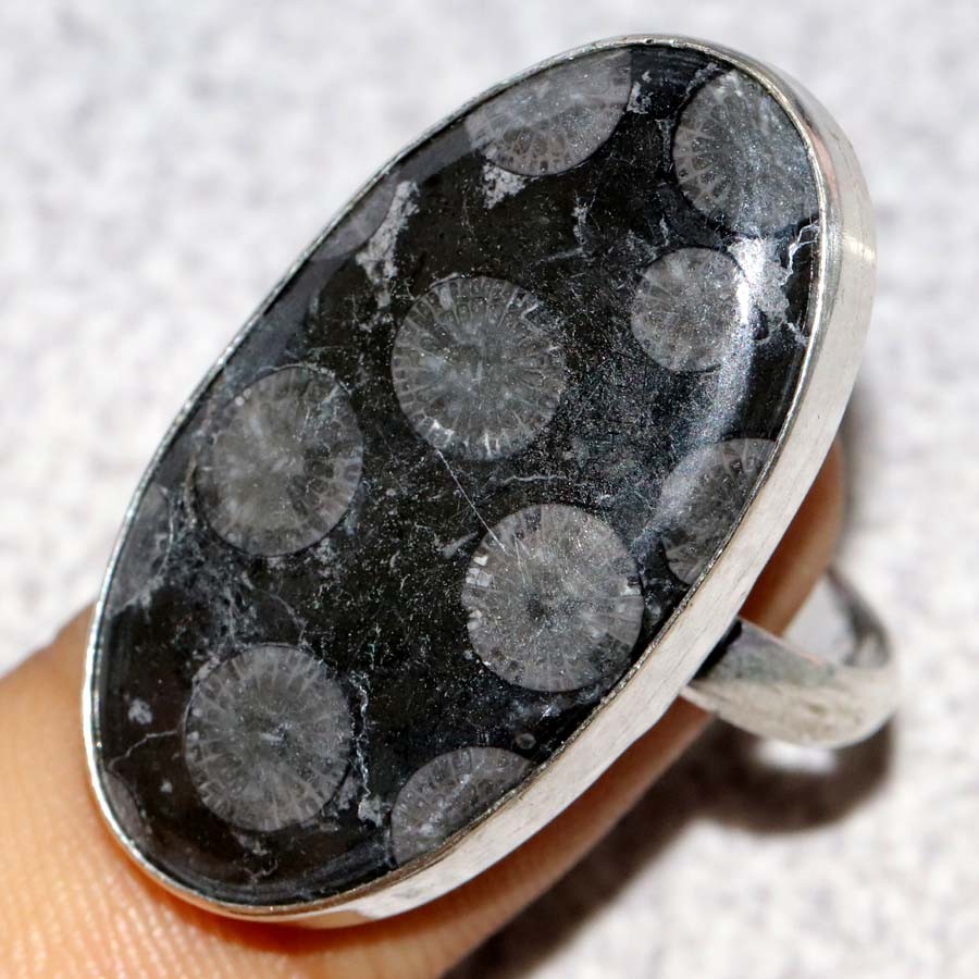 925 Silver Plated Black Fossil Coral Ring US 9 Jewellery New Year Vibes MJ