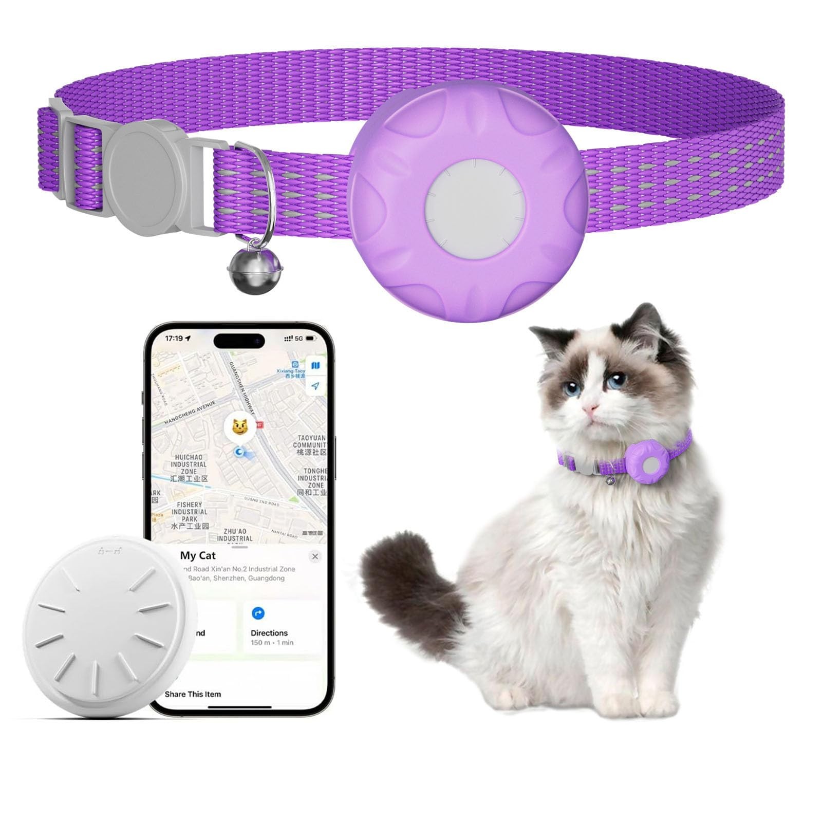 ZITTZ Cat Tracker Collar,No Monthly Fee Cat Tracker Works with Apple Find My ...