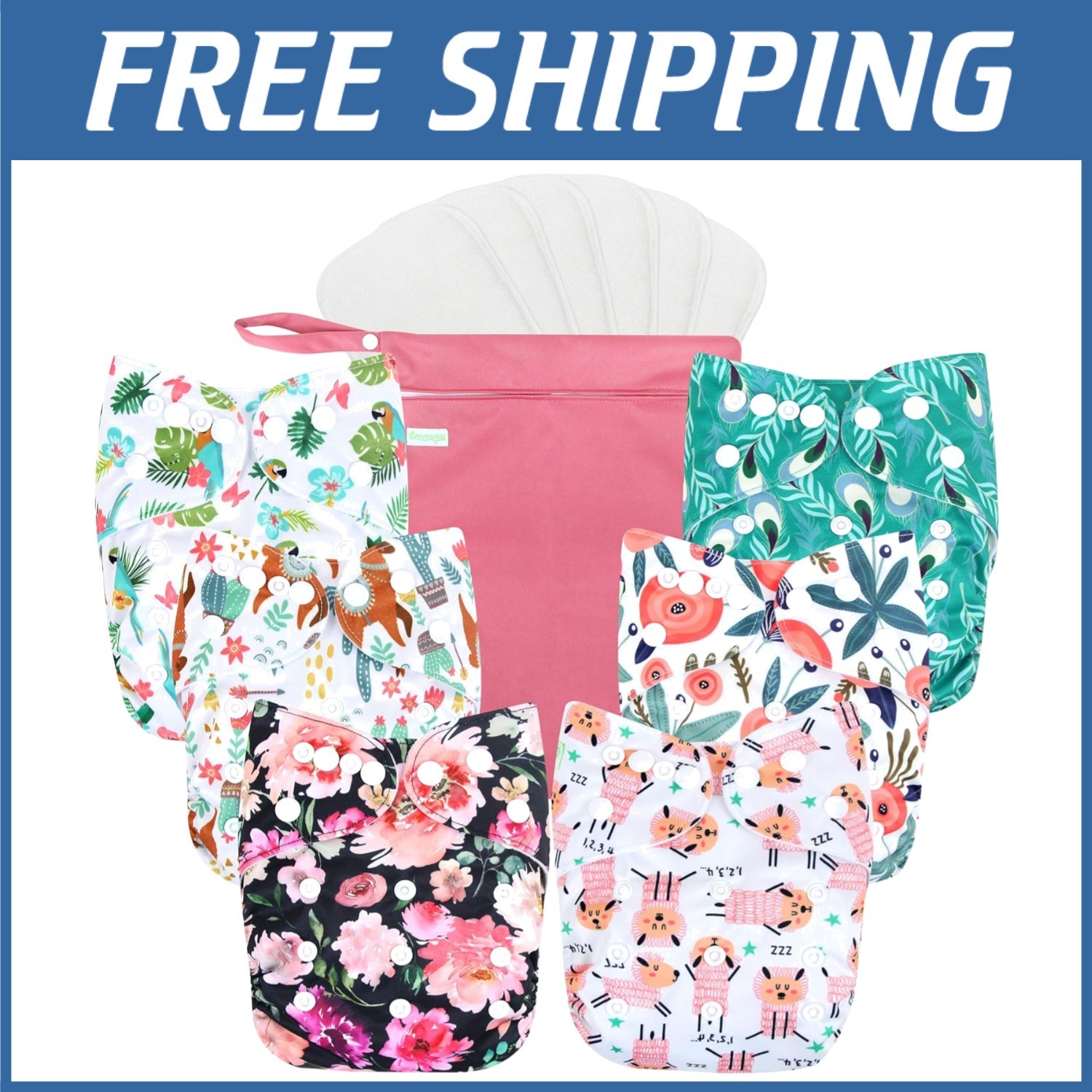 Modern Cloth Diapers 6 Pack + Inserts + Wet Bag