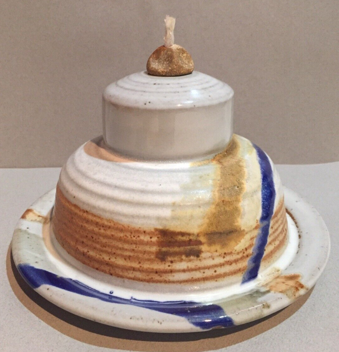 Hand Thrown Stoneware Oil Lamp Burner Art Pottery Signed Shark Never Used