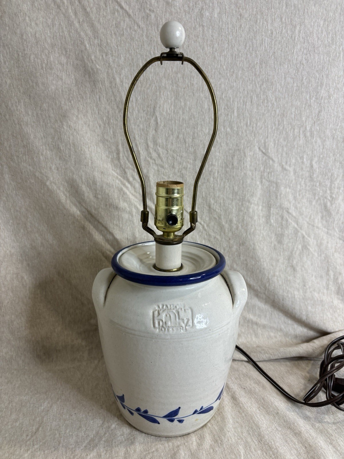 Vtg Mahon Pottery Stoneware Crock Lamp Cottagecore Cobalt Blue Off White Works