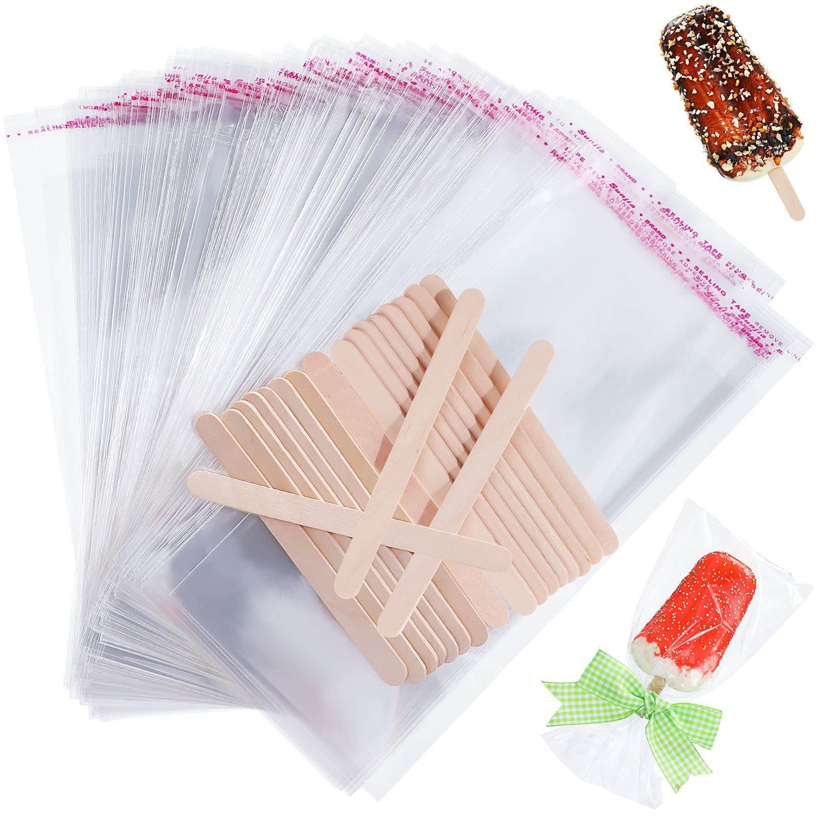 Patelai 300 Pcs Ice Lolly Sticks and Plastic Bags One Size, Clear,Transparent 