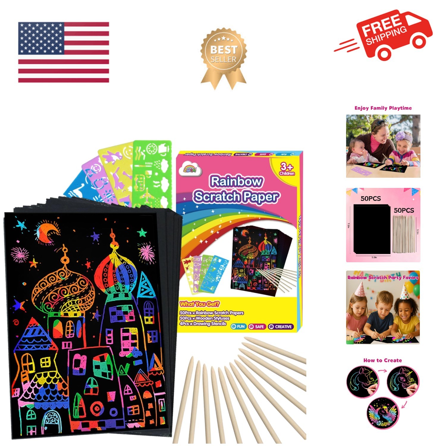 Scratch Art Crafts Girls Gifts, 100pcs Rainbow Scratch Paper Art for 3 4 5 6 ...