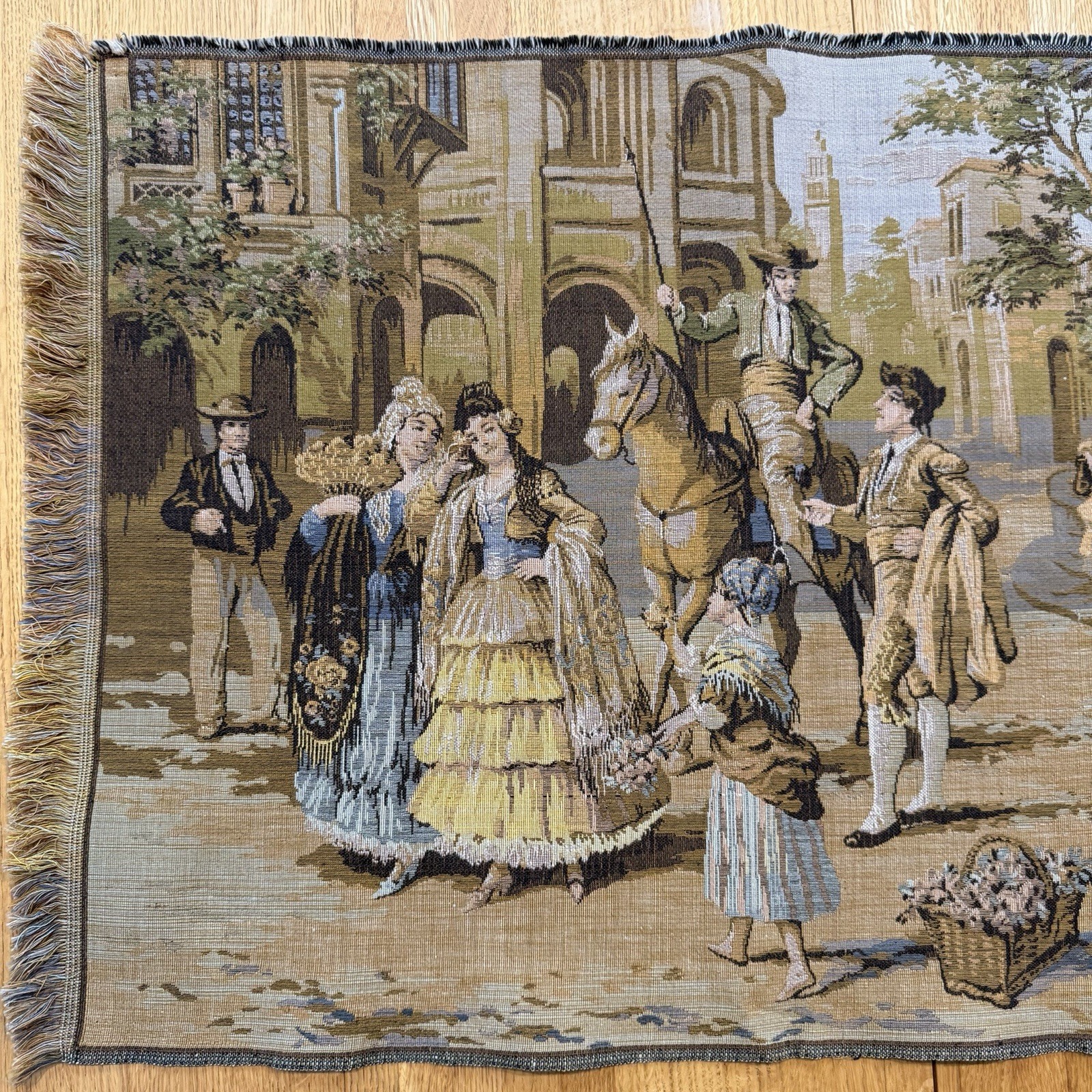 Made in Belgium Wall Tapestry 57x19" Vtg Spanish Street Market Edwardian Antique