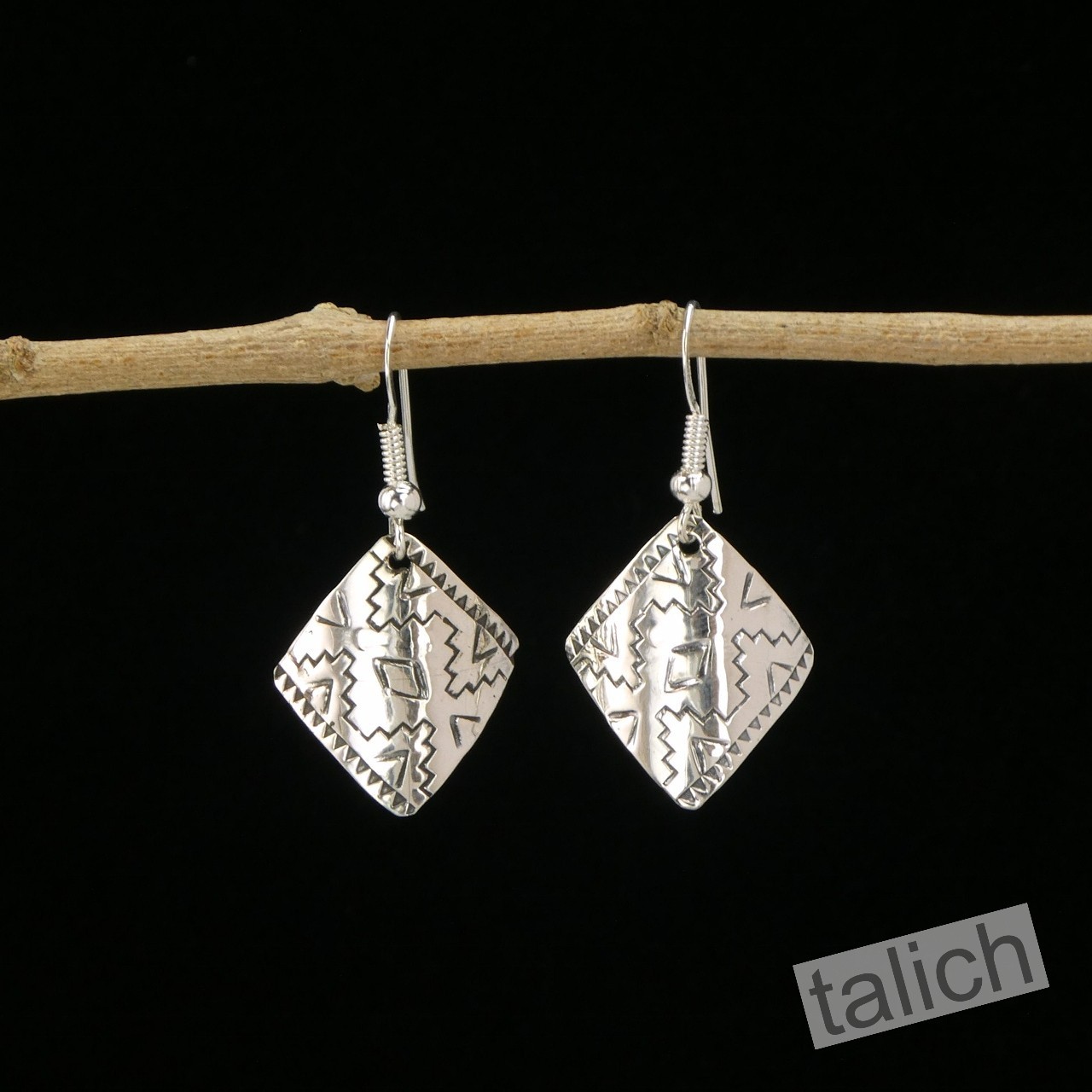 Native American Navajo Handmade Stamped Sterling Silver Curved Drop Earrings #5