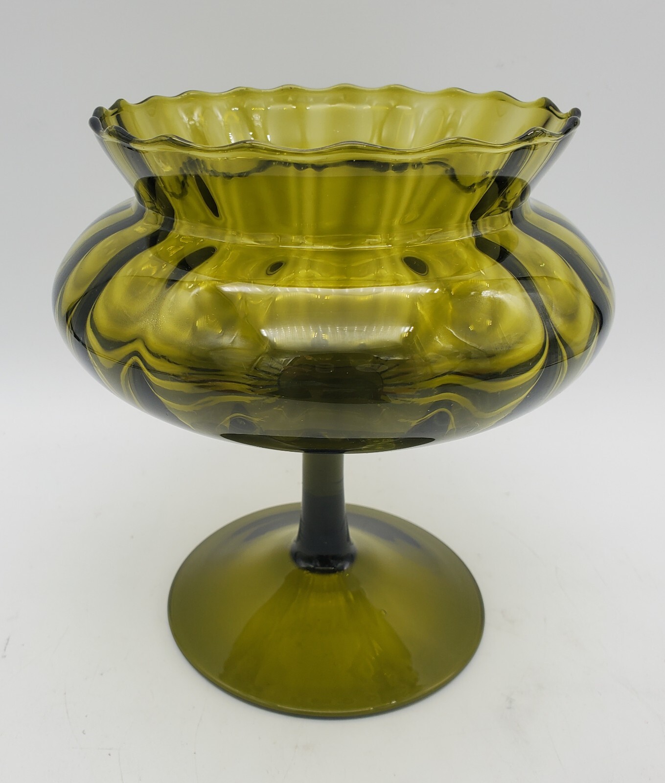 Vintage Empoli Glass Apothecary Optic Candy Dish Olive Green Art Blown Pedestal