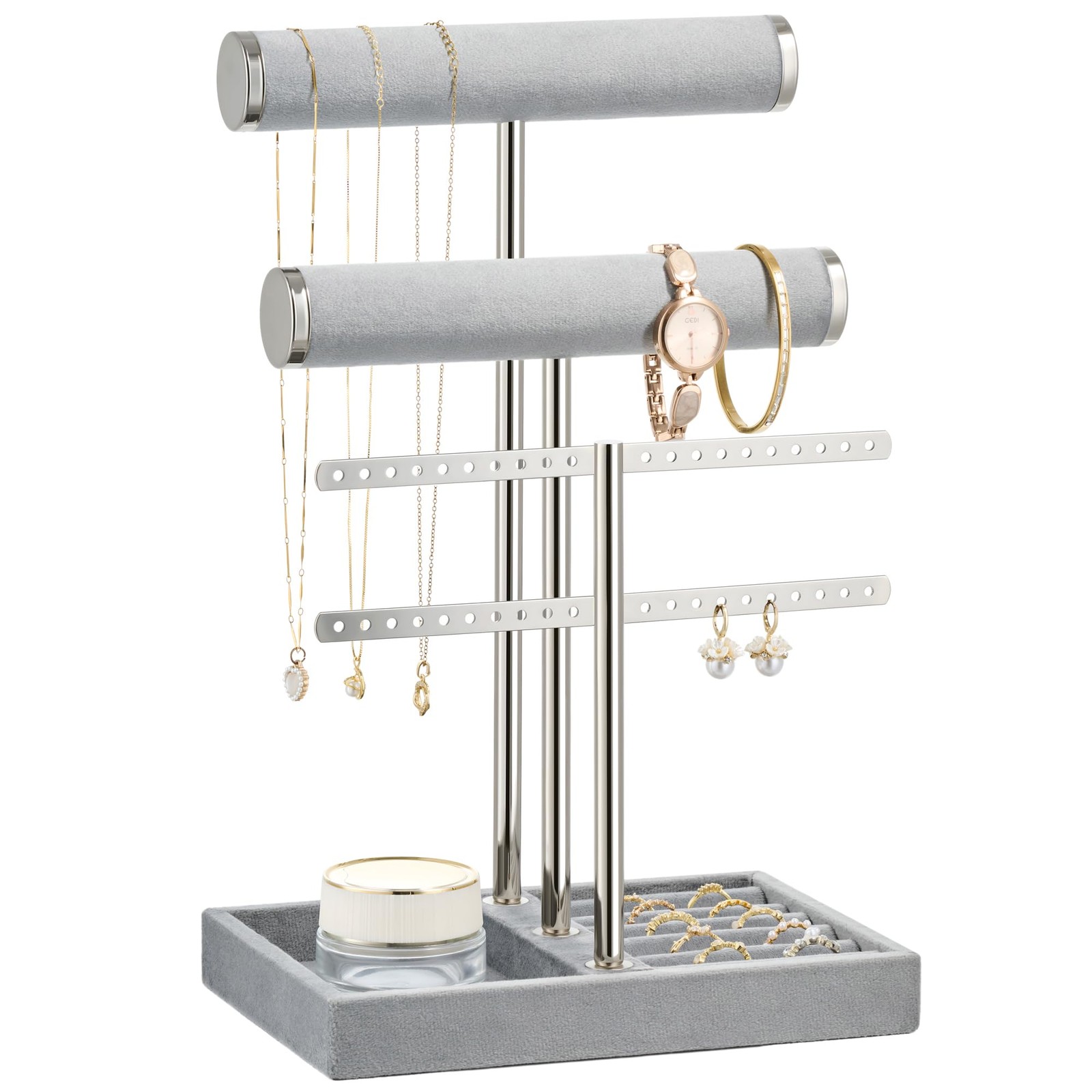 3 Tier Bracelet Holder Display - Detachable T Bar Grey Velvet Bracelet Holder...