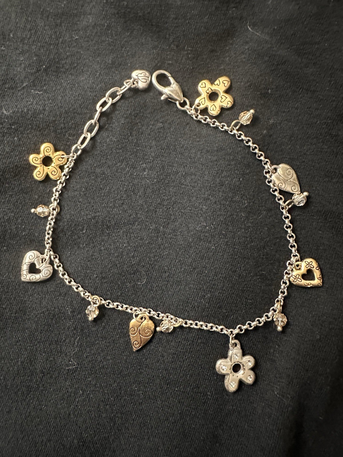Brighton Silver Gold Tone Charm Anklet Cable Chain Hearts Flowers Adjustable
