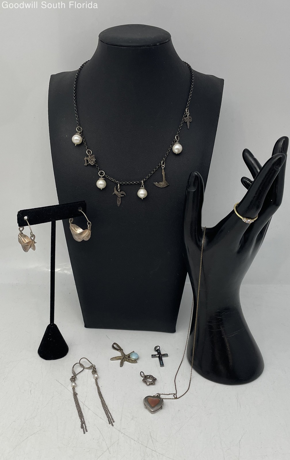 Silver Stamped/Unstamped Chains-Pendants-Earrings-Ring (8 Pcs) Weight 30.5g