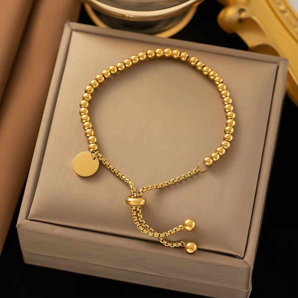 18K Gold Plated Stainless Steel Bead Ball Chain Adjustable Bracelet for Women