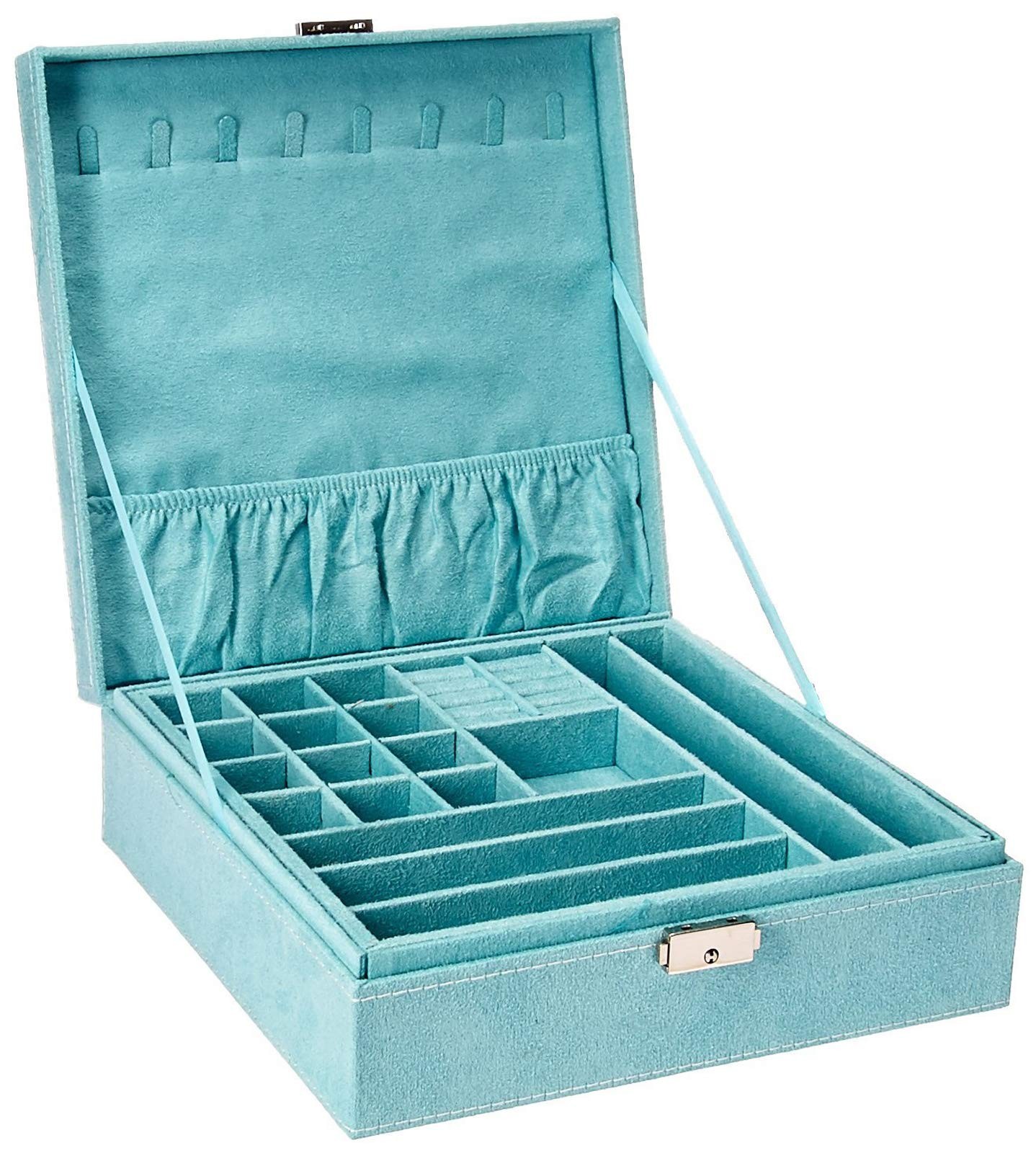 Two-Layer Jewelry Box Organizer Display Storage case with Lock (Blue)