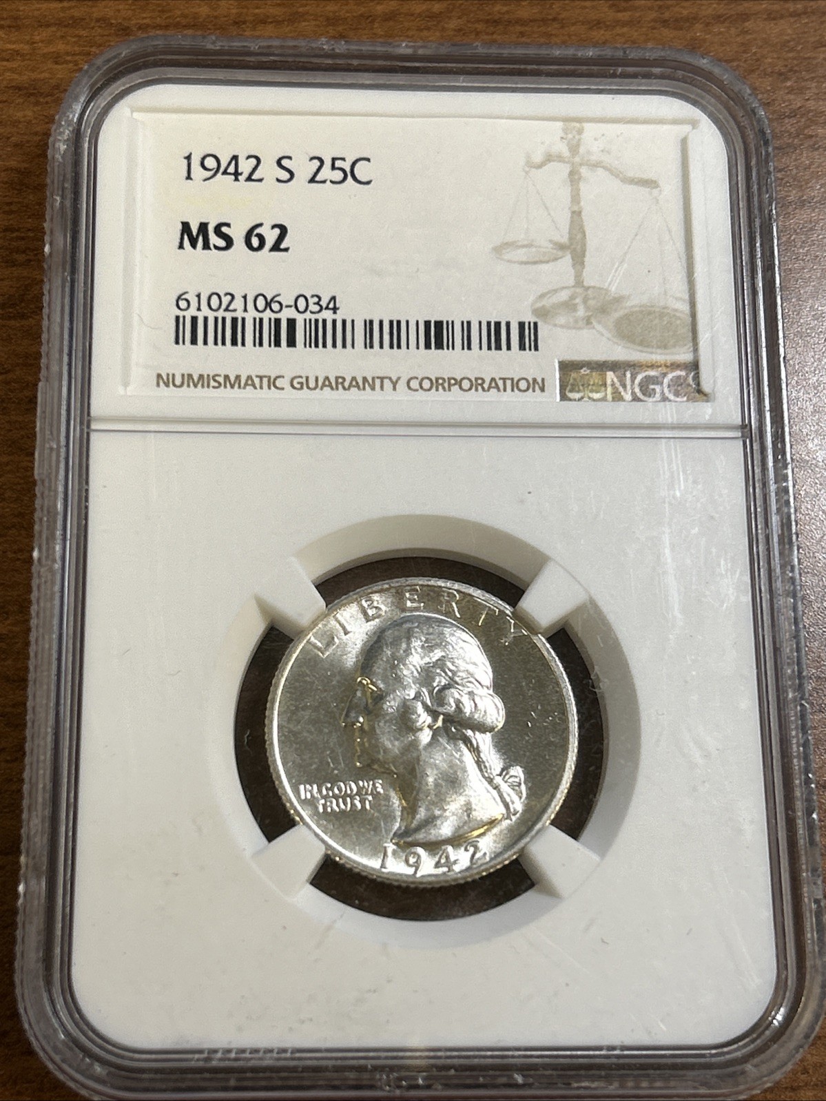 1942-S Washington Silver Quarter NGC MS62 BU Uncirculated