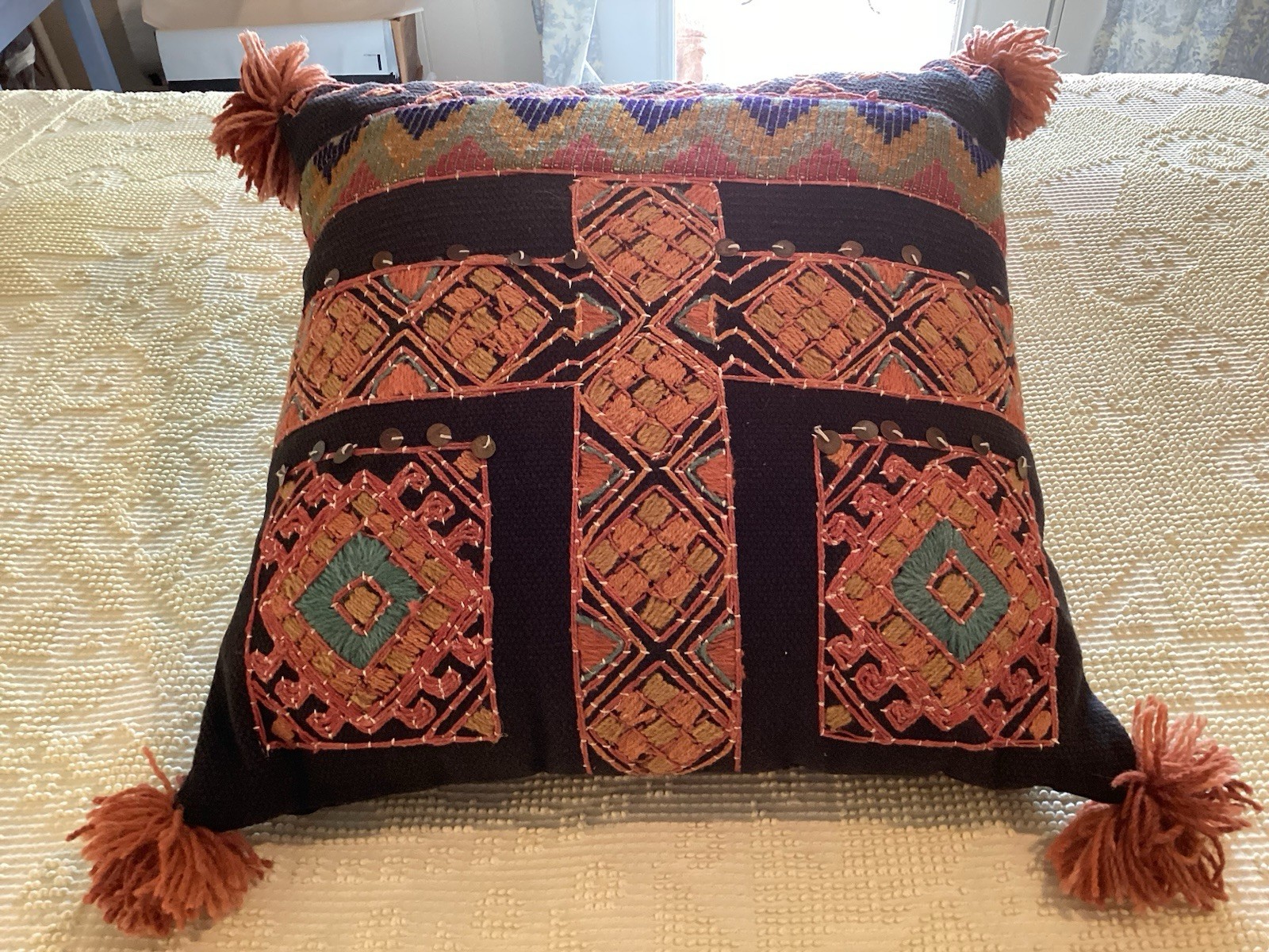 Boho Pillow Corner Tassels Beads Zipper Made In India 
