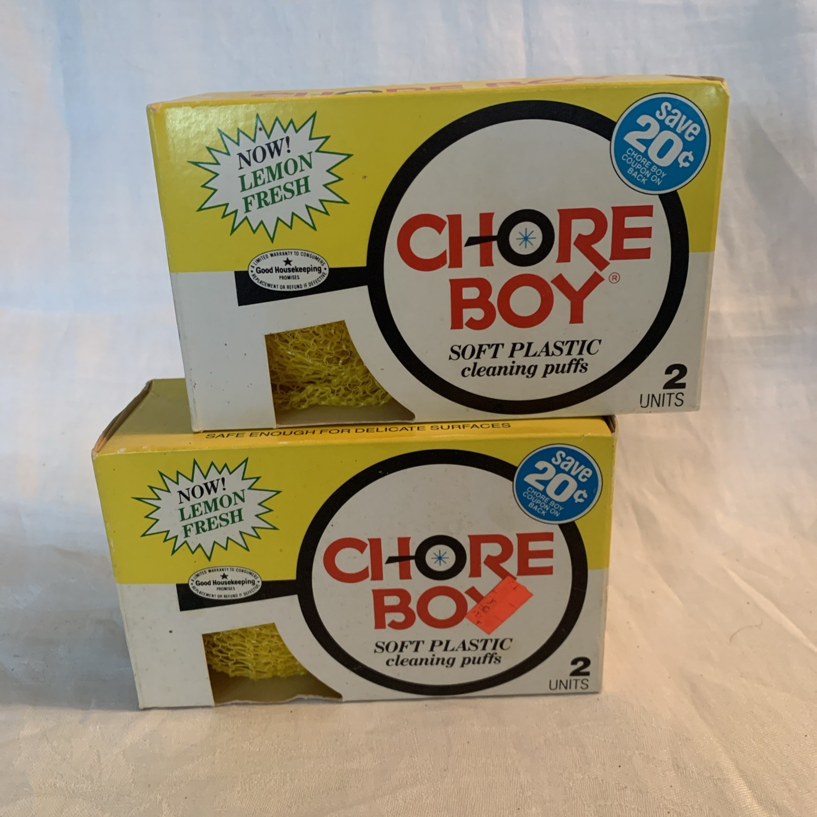 Vintage 2 Boxes CHORE BOY 2 Pack Soft Plastic Cleaning Puffs Lemon Fresh