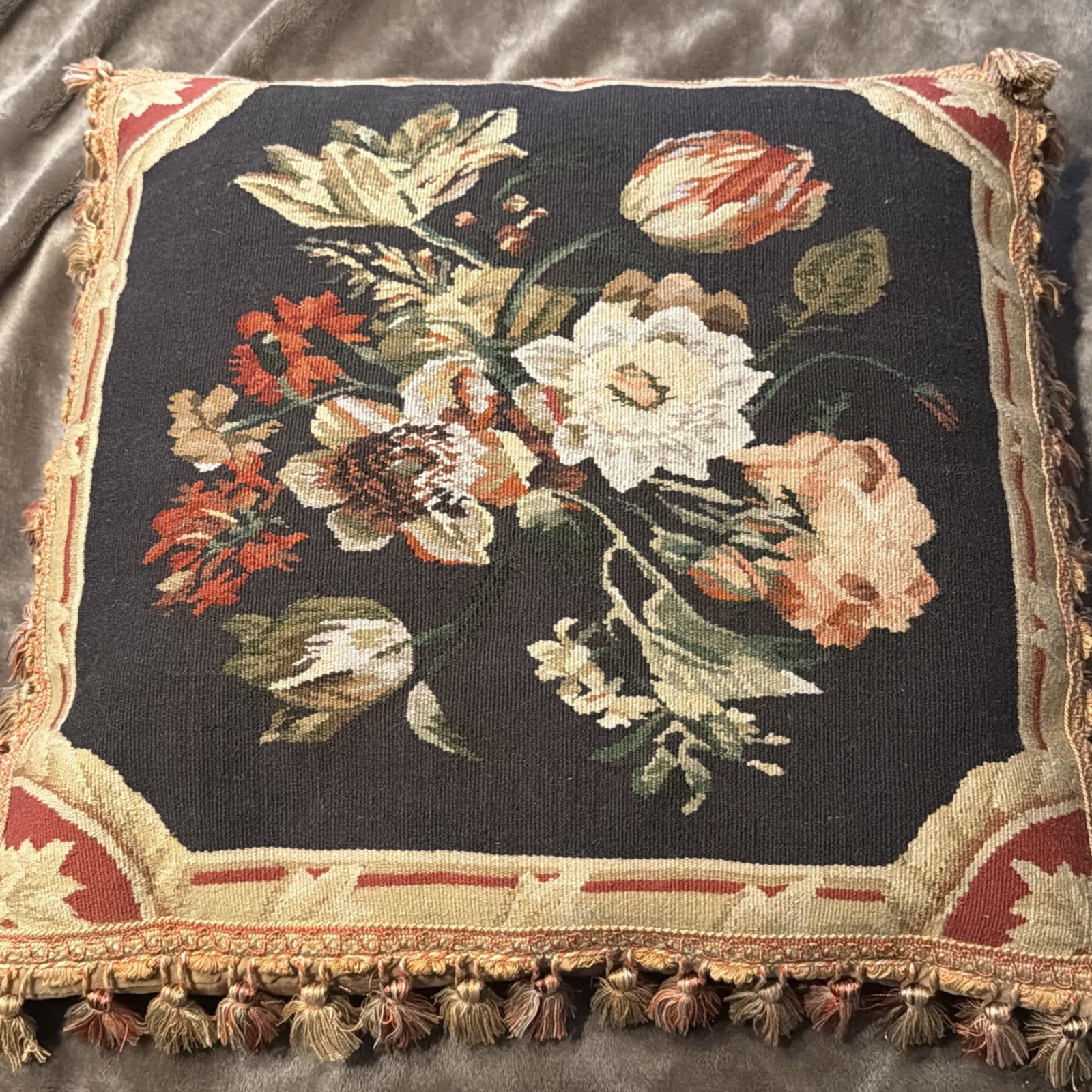 22" Sq. French Aubusson Tapestry Vintage Pillow, Ball Fringe Down & Feather Fill