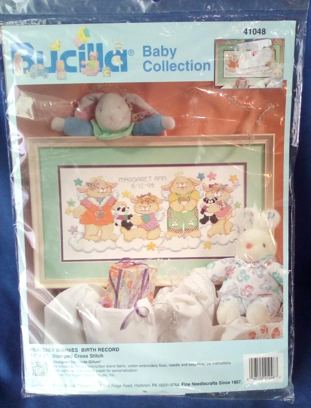 VTG 1995 BUCILLA STAMPED CROSS STITCH BIRTH RECORD KIT HEAVENLY BUNNIES 16 X 8"