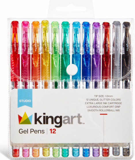 KINGART Glitter Gel Pens Set – 12 Vibrant Colors, Soft Grip 2.5mm Pens for Adult