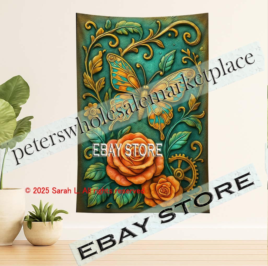 Dual Rose Gear Green Tapestry 3D Effect Steampunk Art floral 39X59 in