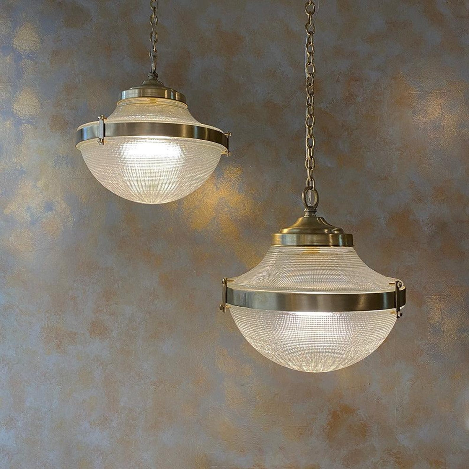 Rare Pair Vintage Art Deco Brass Dome Ceiling Light Fixture American Chandelier