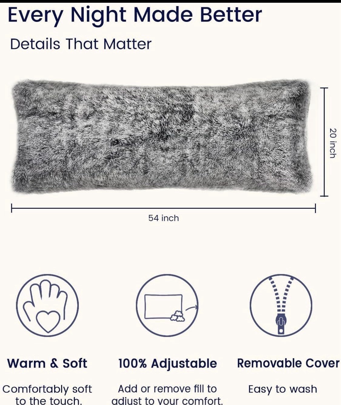 ZonLi Adjustable Memory Foam Body Pillow Gray 20x54in Removable Cover