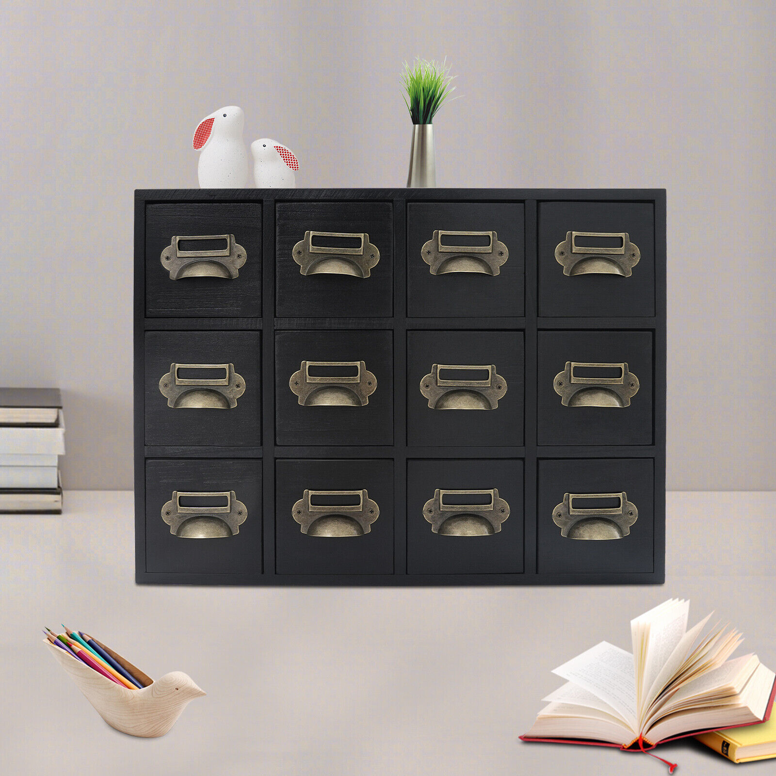 12 Drawers Vintage Tabletop Library Card Catalog Cabinet Storage Box NEW