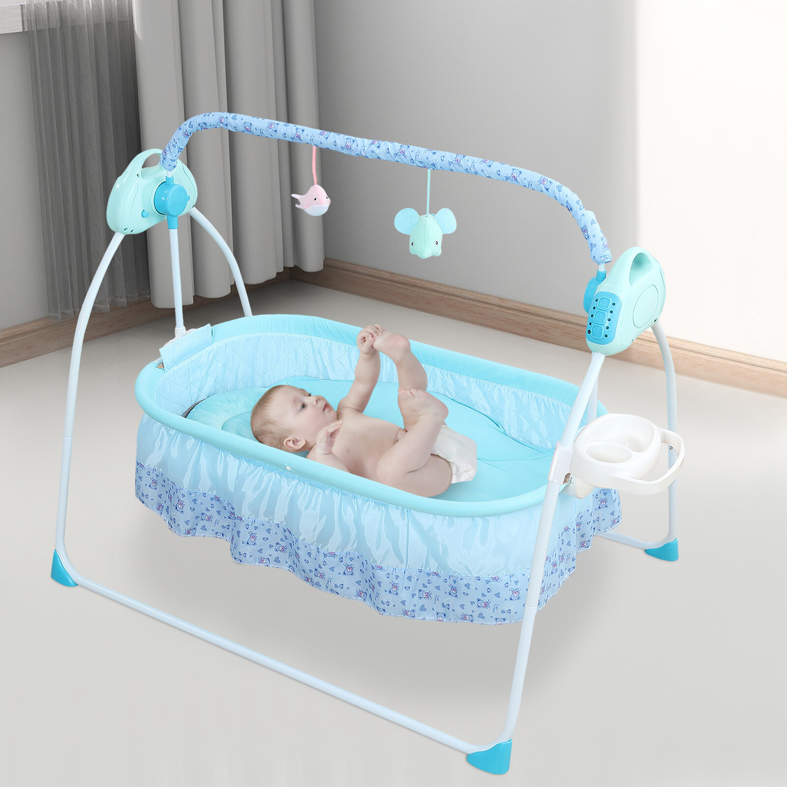 Blue Electric Foldable Infant Crib Baby Cradle For Baby Infant With Safety Belt