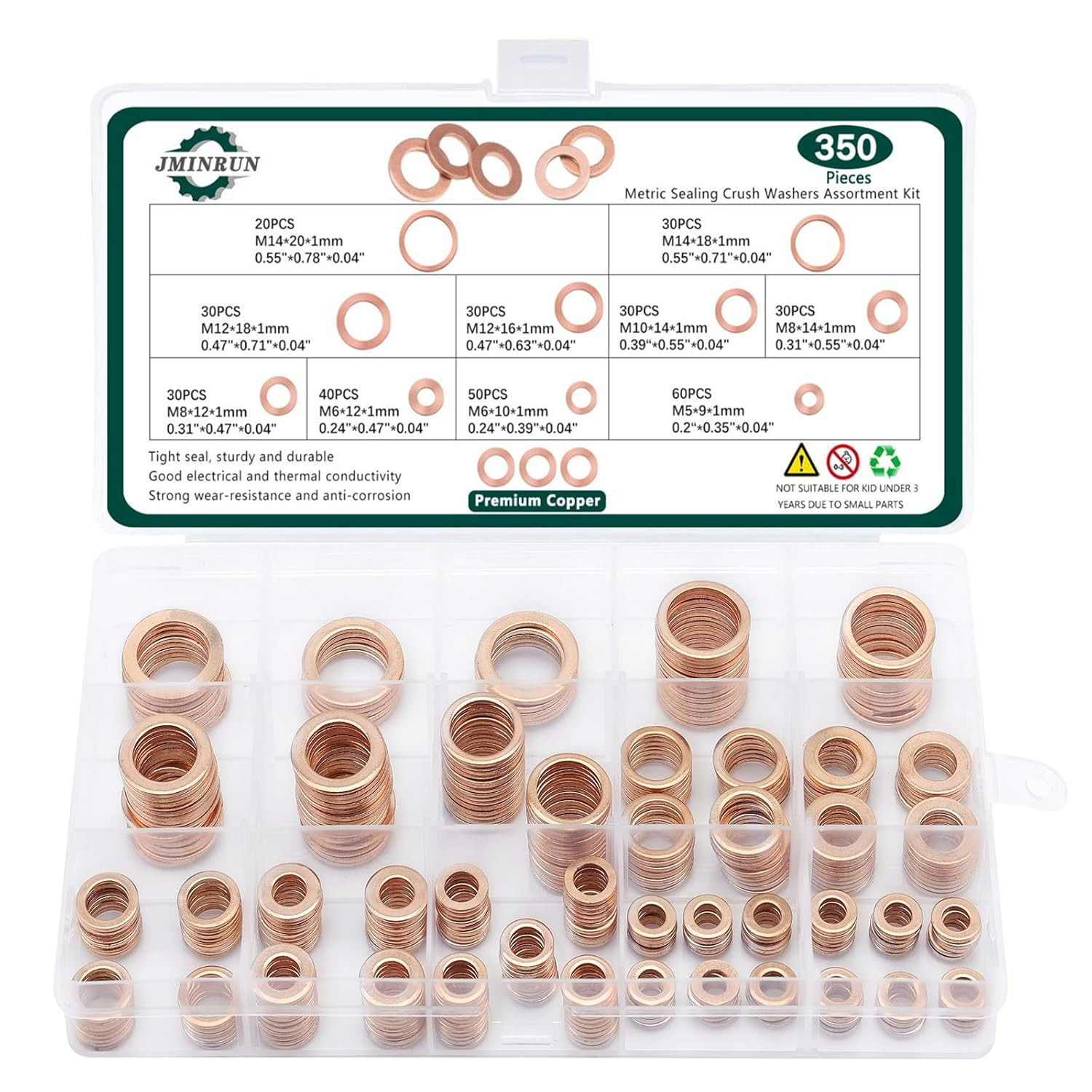 350 PCS, Premium Copper Metric Sealing Crush Washers Assortment Kit, Enhanced Fl