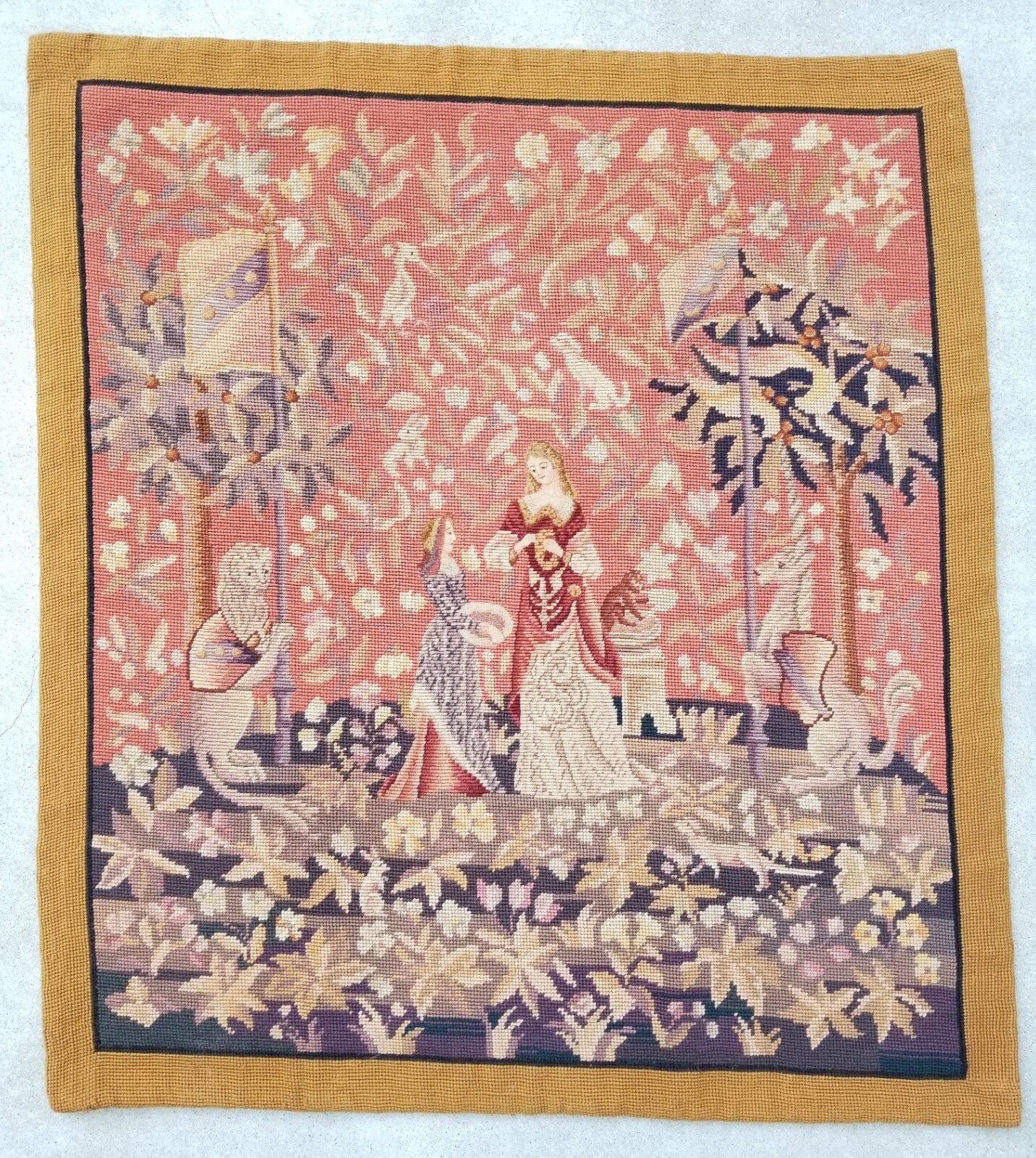 Large Antique Finished Needlepoint Wall Hanging " The Lady and The Unicorn "