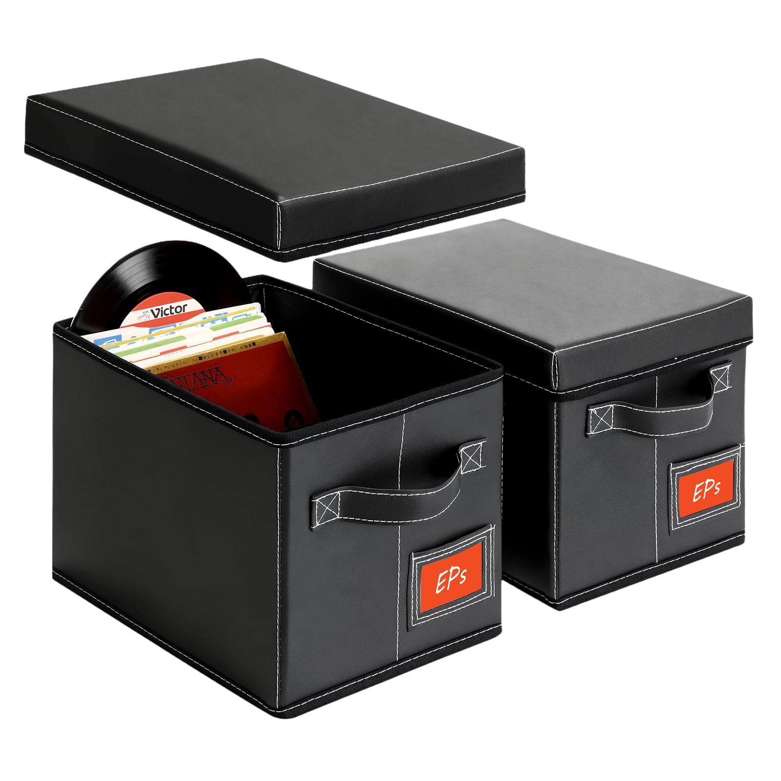 2-Pack 7-Inch Vinyl Record Storage Boxes – Black Faux Leather Record Holder &...