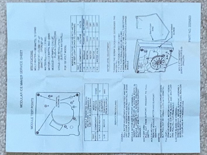 GENUINE OEM WHIRLPOOL PART NO. 2225623 MODULAR ICE MAKER SERVICE SHEET