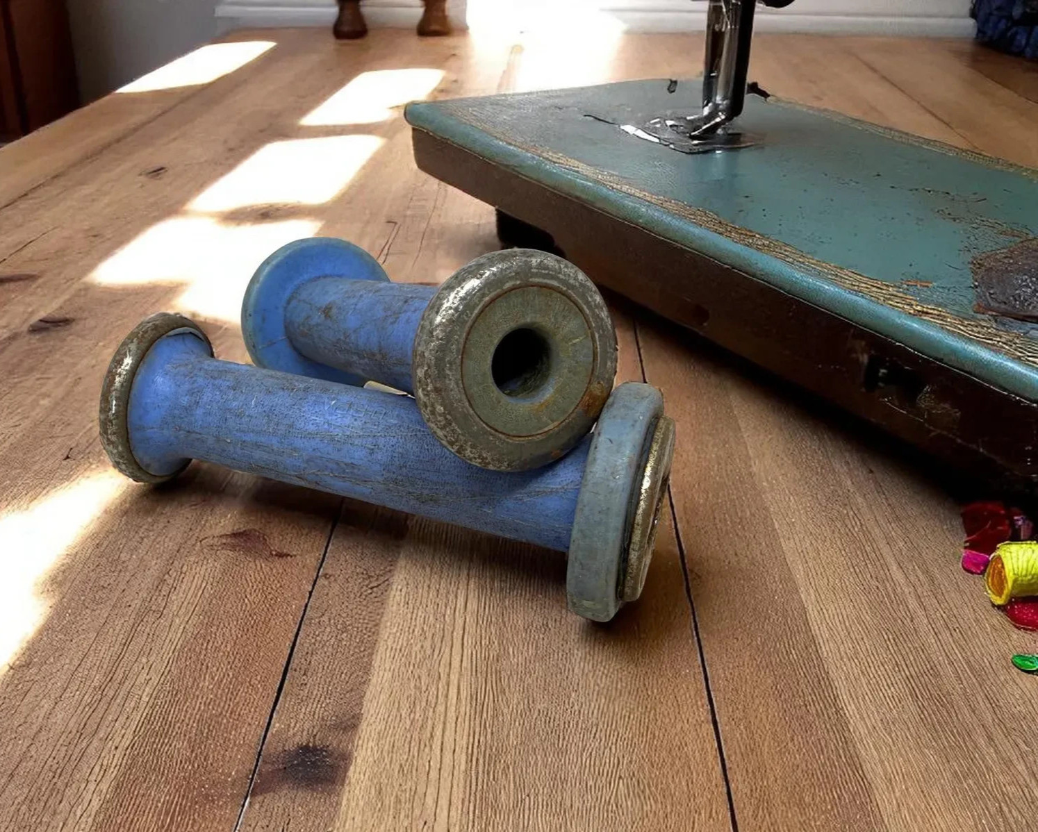 Vintage Pair 5" Blue Wooden Industrial Tuffa Textile Bobbin Spool Sewing Crochet