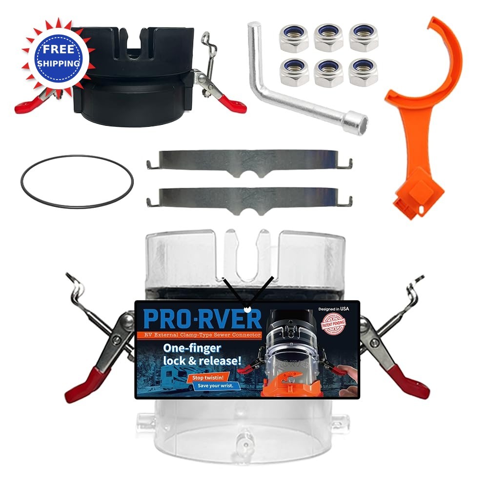 RV Sewer Hose Connector Patented Push Lock + Clamp System Stainless Steel FULL