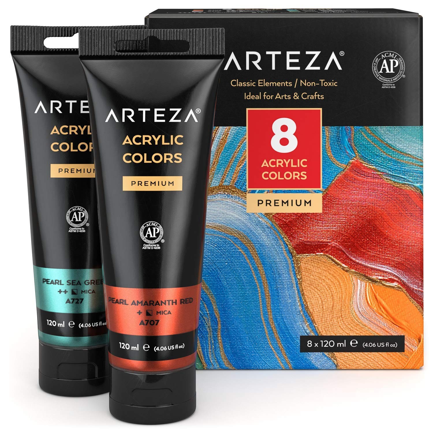 Arteza Metallic Acrylic Paint Set, 8 Classic Elements Colors 4.06oz Tubes, Rich 