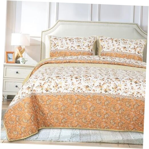 3-Piece Patchwork Floral Quilts King Size, King(106" x 94") Yellow Crushed