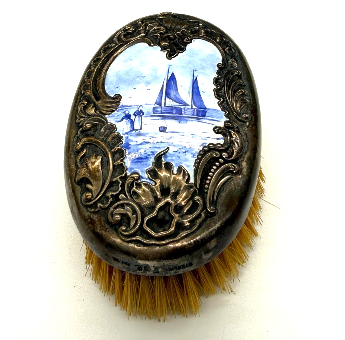 Vintage Sterling Silver Clothes Brush w/ Delft Style Sailboat Scene