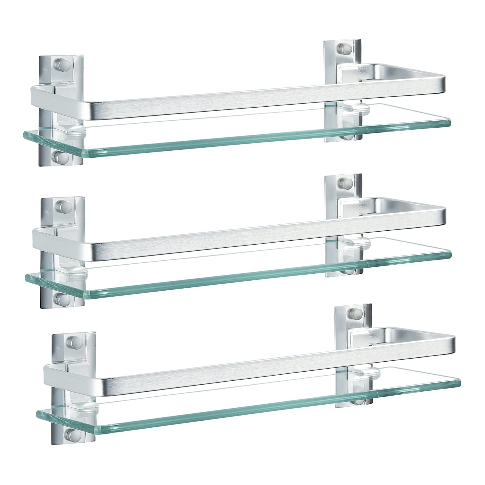 AIJALY 3 Pack Bathroom Glass Shelf, Aluminum Tempered, 0.34in Thick, Storage Rac