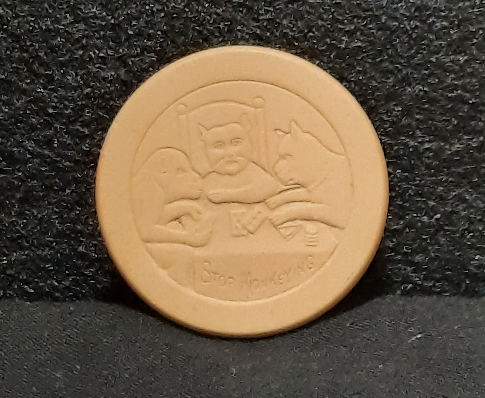 White Antique Stop Monkeying Poker Chip Clay Inlaid Vintage Rare Gambling. 