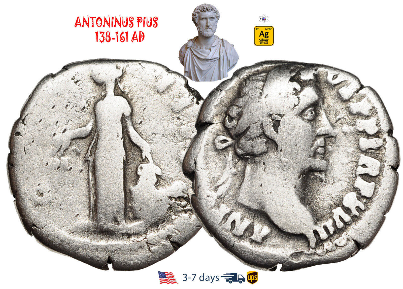 Ancient Roman Empire Coin Silver Denarius ANTONINUS PIUS 138-161 AD #30472