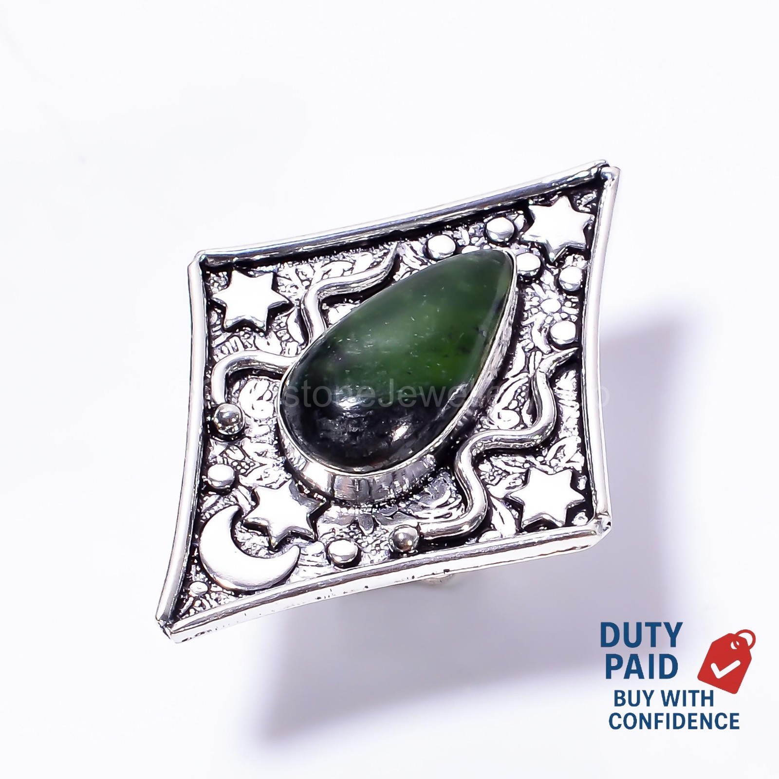 Sterling Silver Genuine Nephrite Jade Ethnic Art Deco Boho Vintage Ring Size 6.5