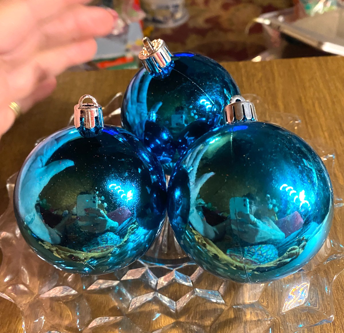 3 Blue Round Shiny Shatterproof Christmas Ornaments 2 1/2"