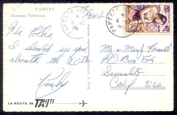 FRENCH POLYNESIA 20FR 1960 PPC TO USA