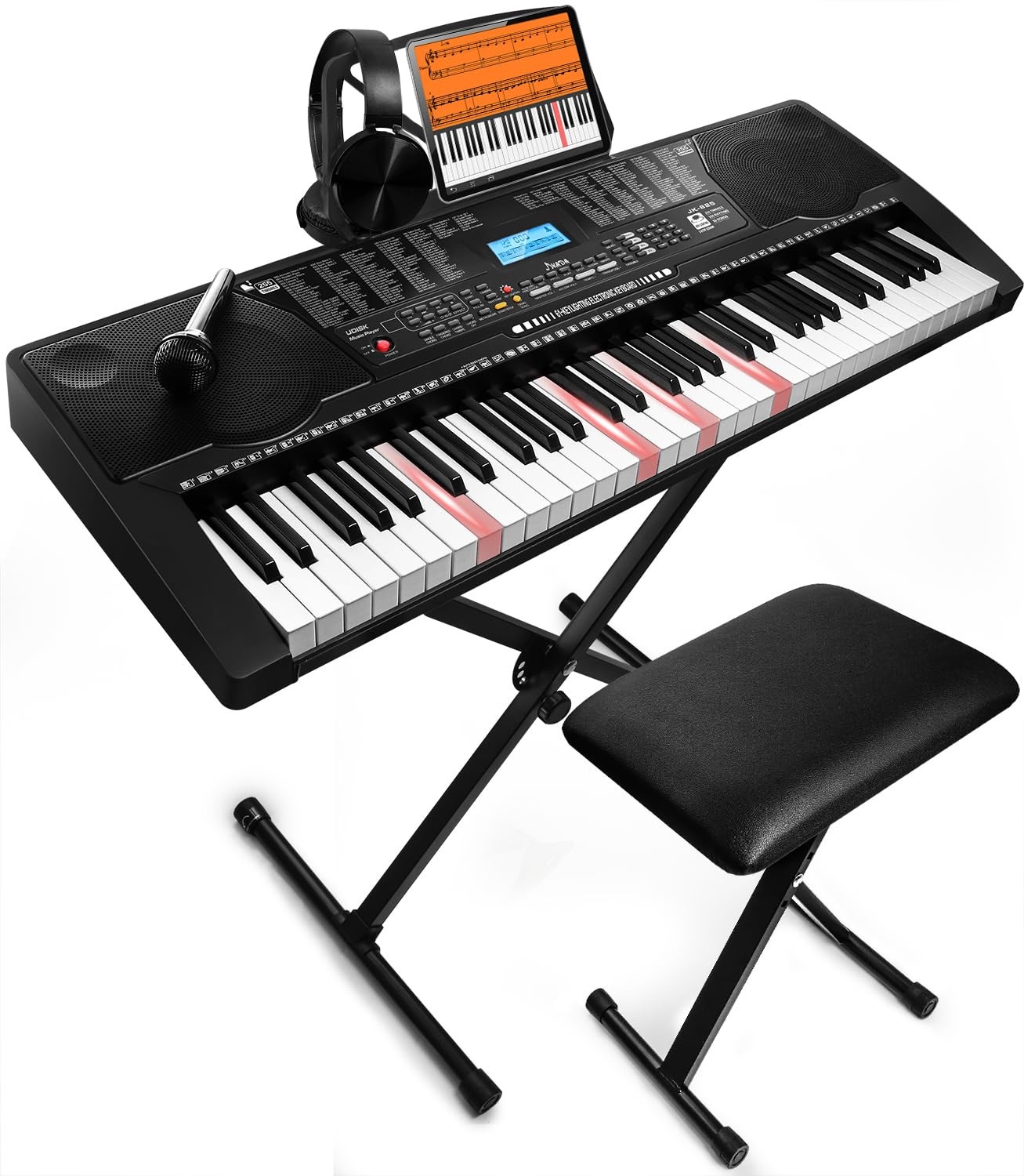 61 Key Portable Electronic Keyboard Piano w/Lighted Full Size X-stand, Black 